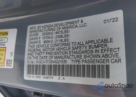 2022 Honda Accord Sport z USA, uszkodzony, nr VIN 1HGCV1F33NA021935